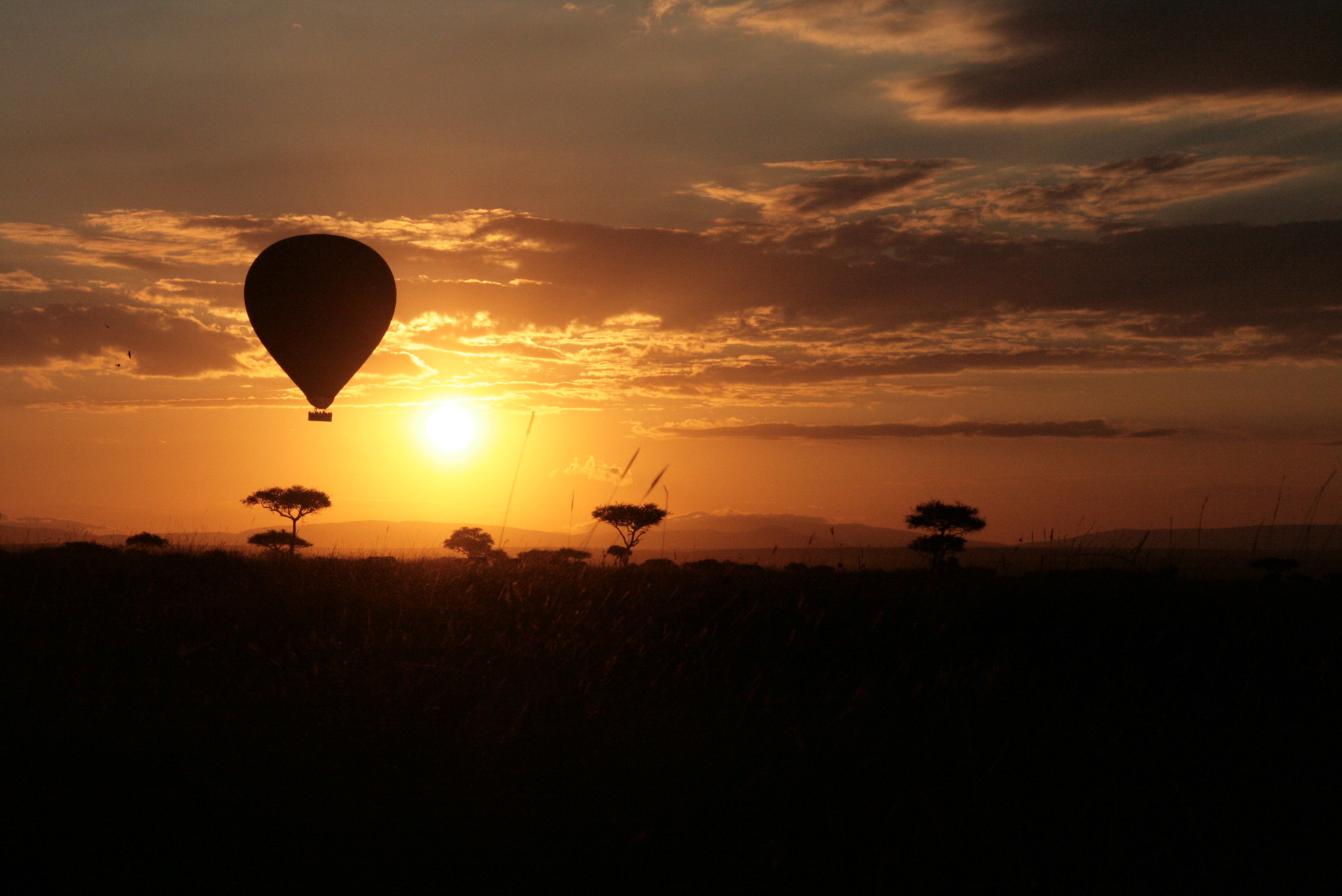 Single hot-air balloon silhouetted against a low sun at sunrise, drifting above a dark plain studded with flat-topped acacias, distant hills on the horizon